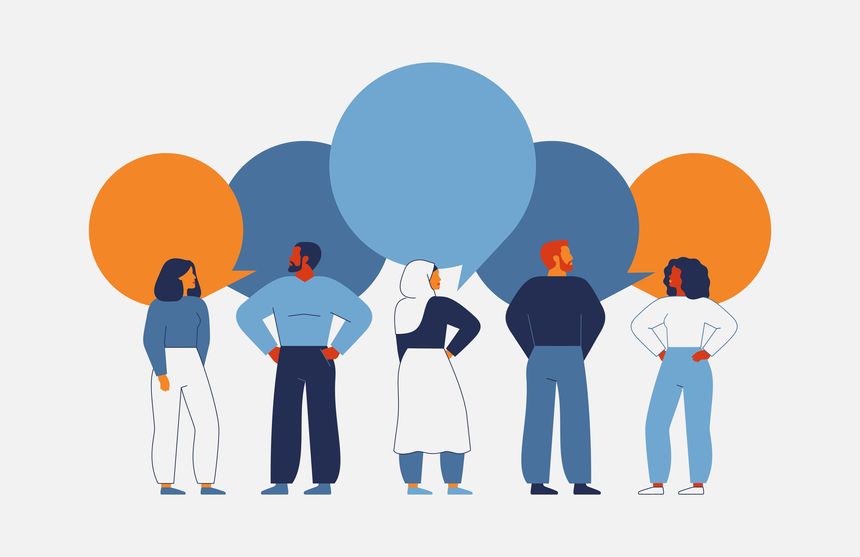 People communicate via big speech bubbles. Men and women stand group and talk. Brainstorm, diversity and freedom of thoughts in the business team. Crowd voice and social media concept. Vector