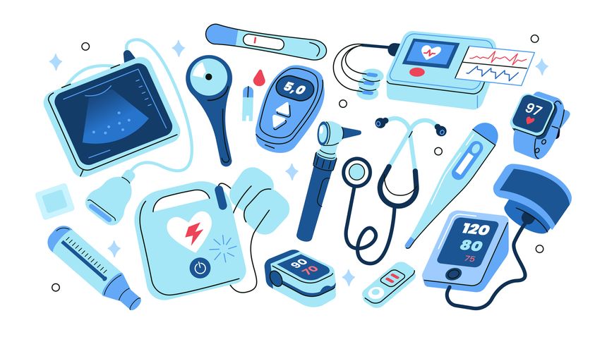 Medical diagnostic equipment and health monitoring devices vector illustration set. ECG monitor, blood pressure meter, ultrasound scanner, defibrillator for hospital healthcare diagnostics.