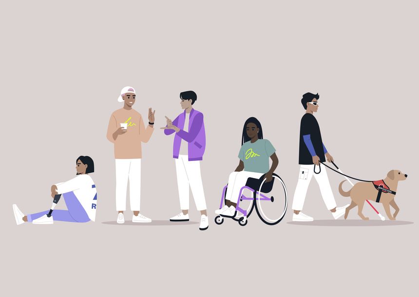 A vibrant gathering showcases five individuals with disabilities enjoying various pursuits, celebrating inclusivity and friendship in an urban setting while sharing smiles and experiences
