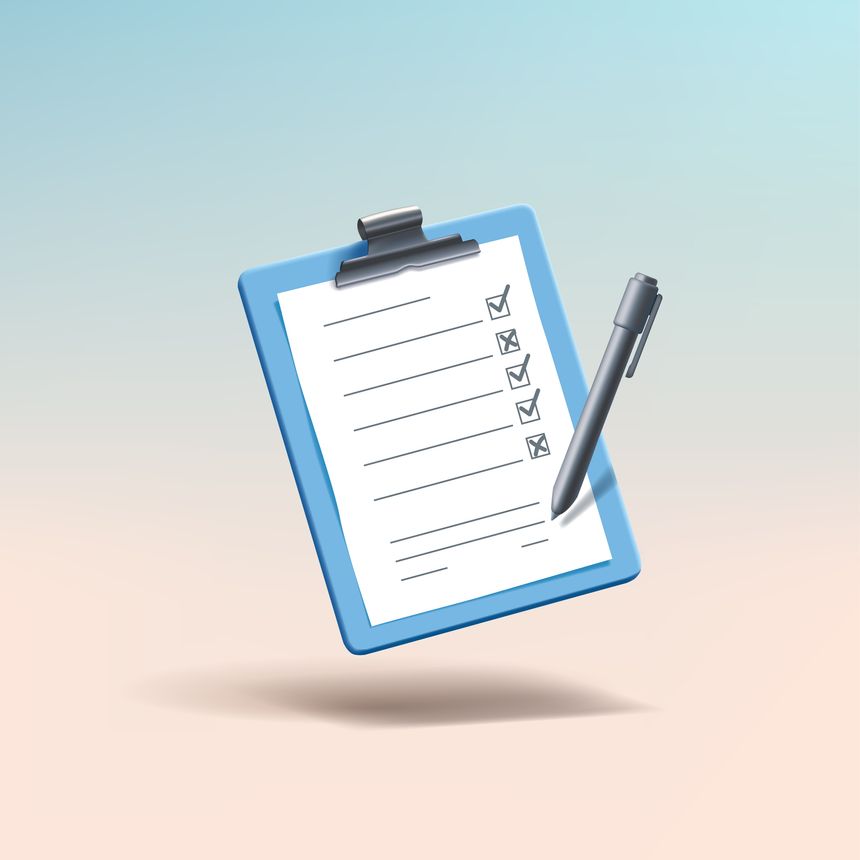 3d blue checklist on clipboard, application with check marks and pen. Render to-do or shopping, medical, business and education checklist. 3d cartoon simple vector illustration, isolated