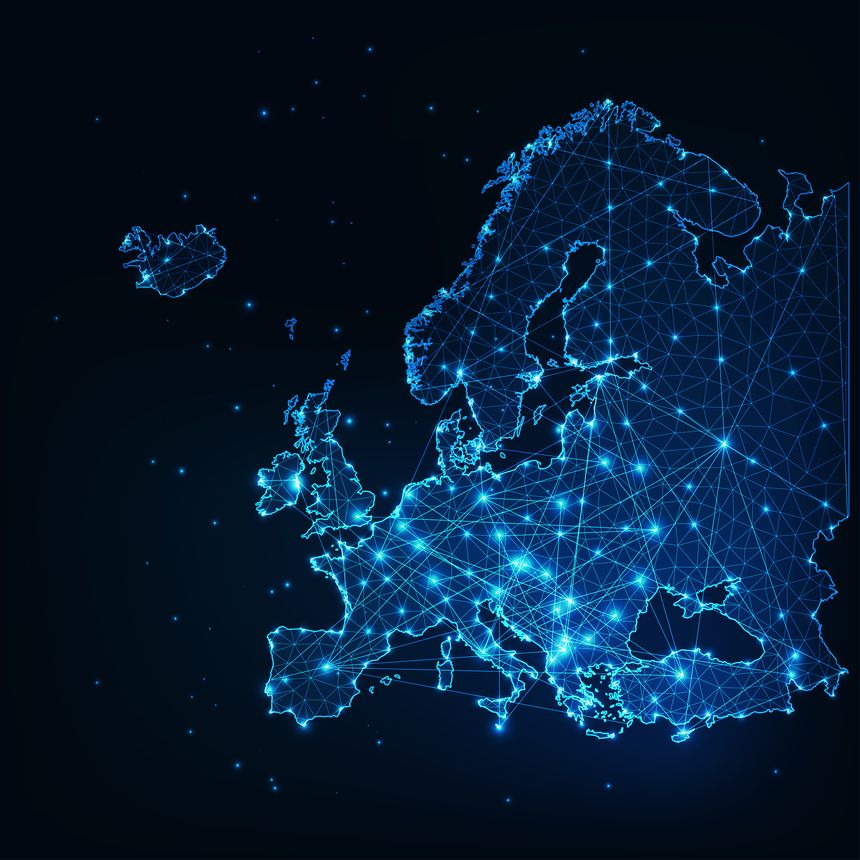 Futuristic Europe outline connectivity map with lines, stars, triangles, light particles framework. Communication, connection concept. Modern low polygonal wire frame mesh design vector illustration.