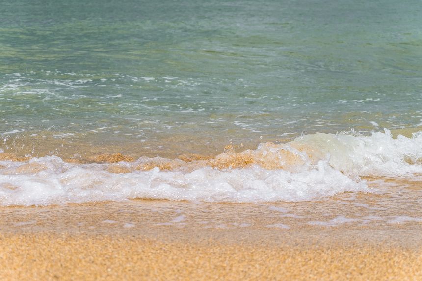 Sea wave runs onto the sandy shore. Tidal water surf. Limited depth of field.