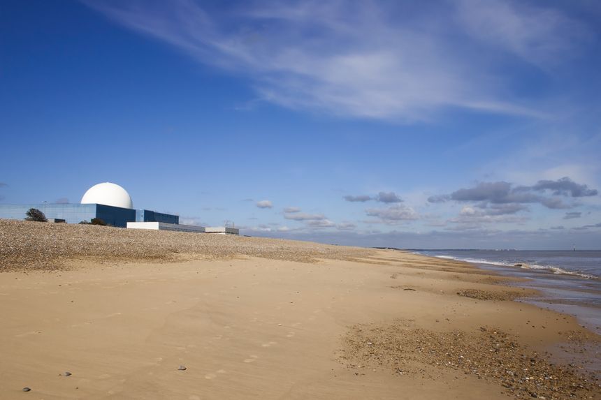 Situated in the Suffolk Coast and Heaths Area of Outstanding Natural Beauty, this is a popular spot with walkers, with the Suffolk Coast Path running between the beach and the power station. This is the view north along Sizewell beach in Suffolk, England, on a warm and sunny October afternoon.