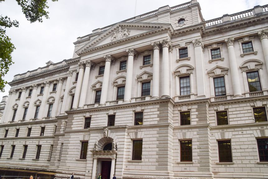 London, UK - September 4 2025: exterior view of the Treasury in Westminster.