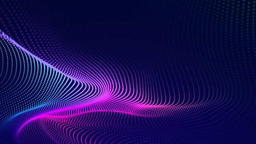 Particle stream. Purple background with many glowing particles. Information technology background. 3d rendering