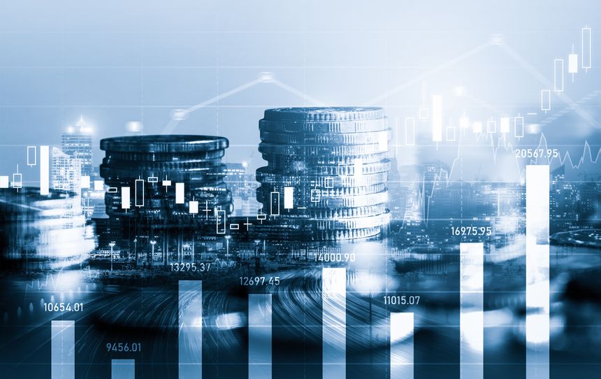 Finance and money technology background concept of business prosperity and asset management . Creative graphic show economy and financial growth by investment in valuable asset to gain wealth profit .