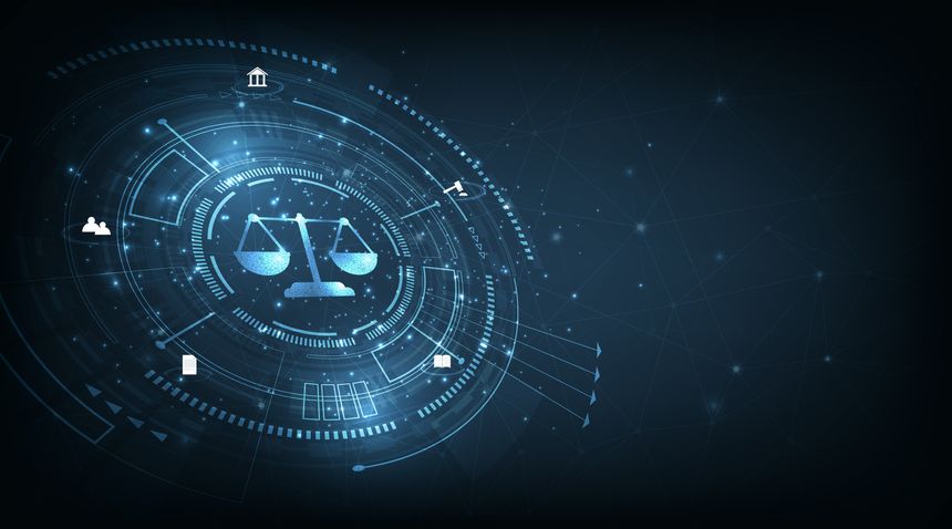 Internet law on Dark Blue blurred background.Cyber Law as digital legal services Labor law, Lawyer.