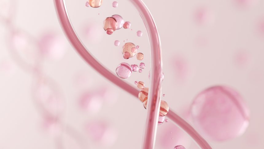 DNA strand with floating particles, collagen and stem cells concept.