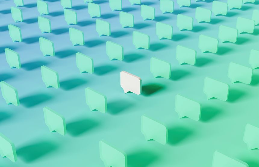 pattern of semi-transparent comment box with a white one in the center and gradient color. 3d rendering