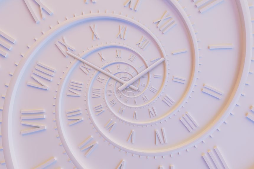 Abstract modern white spiral clock dial with roman numerals. Concept of Infinite time, deadline, scheduling, time and space, past, present and future.