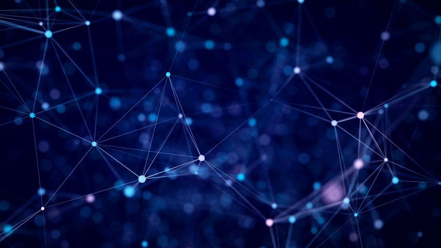 Digital flow with connecting points and lines. Futuristic blue science background. Global network concept. Big data complex with compounds. 3D rendering.