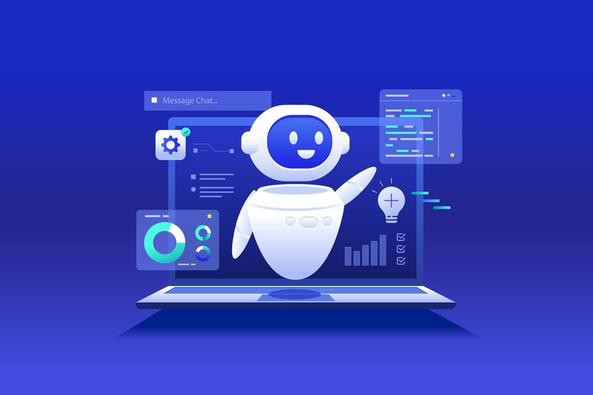 Prompt Engineering in AI Chatbot llm Application, Robotic Assistant with laptop dashboard chat message and Big data concept illustration