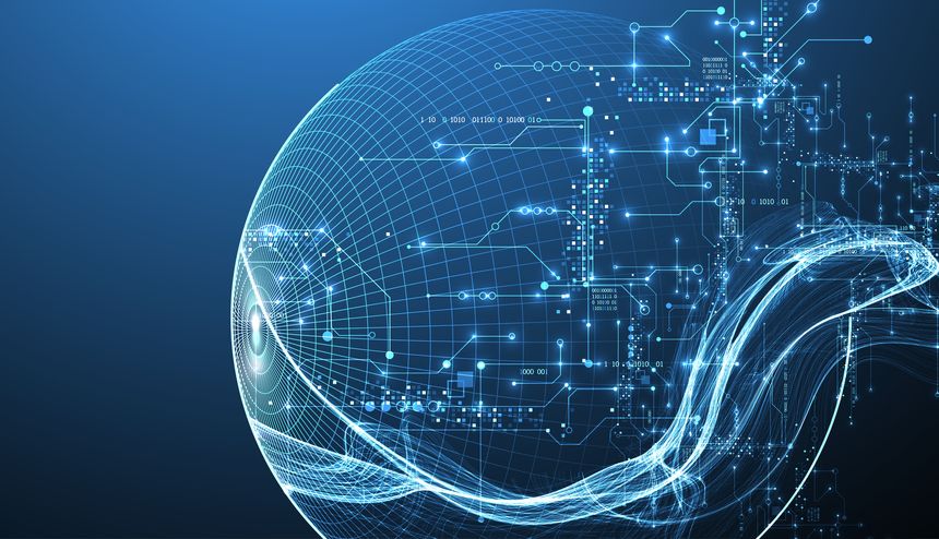 Abstract data wave with sphere and futuristic circuit lines. Technology concept. Vector