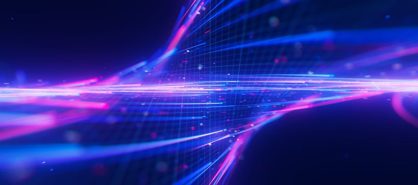 Closeup of bigdata light speed twisted flow with shallow DOF. Abstract digital data stream of quantum computing. Cyberspace of qubit trails. Modern tech information transmission