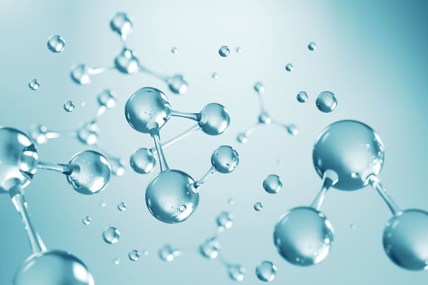 Cosmetic Essence, Liquid bubble, Molecule inside Liquid Bubble on DNA water splash background, 3d rendering