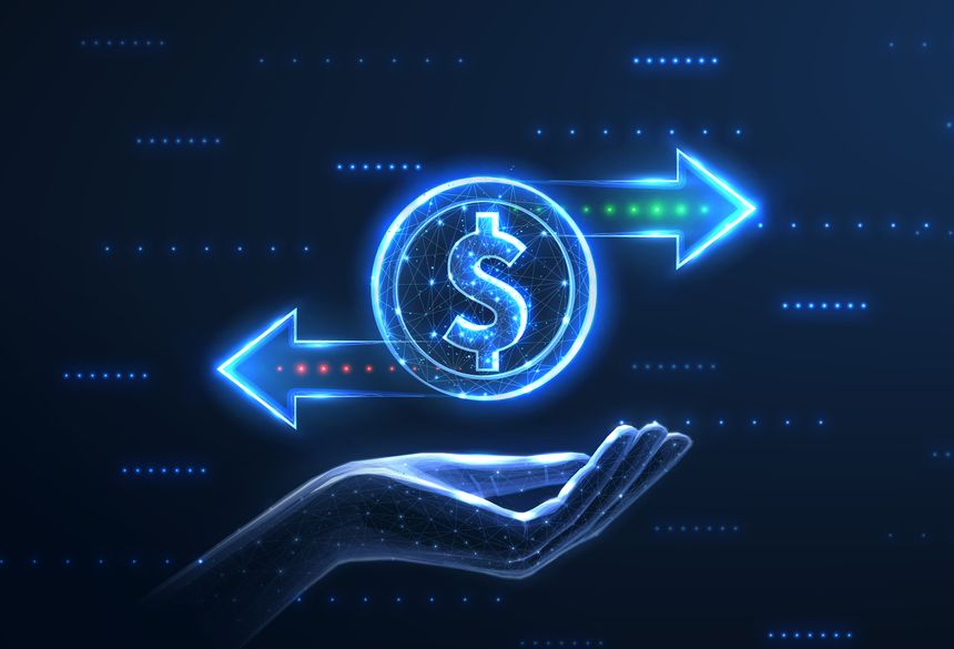 Coin and two right left arrows on hand. Financial service, Bank transfer, currency exchange, stock investment, cashback rewards, revenue generation, stock market, money transfer concept.