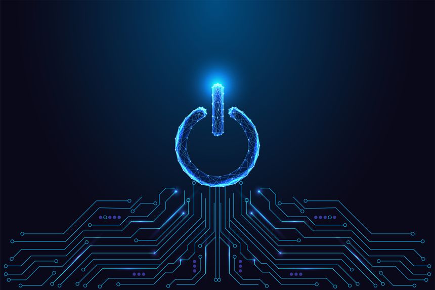 Smart energy management and digital control concept with glowing polygonal power button on a futuristic circuit board background. Abstract low poly style vector illustration.