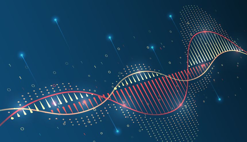 An abstract data chain consisting of glowing lines and dots with binary code on a dark background symbolizes genetics, biotechnology and data-driven science, information analytics.