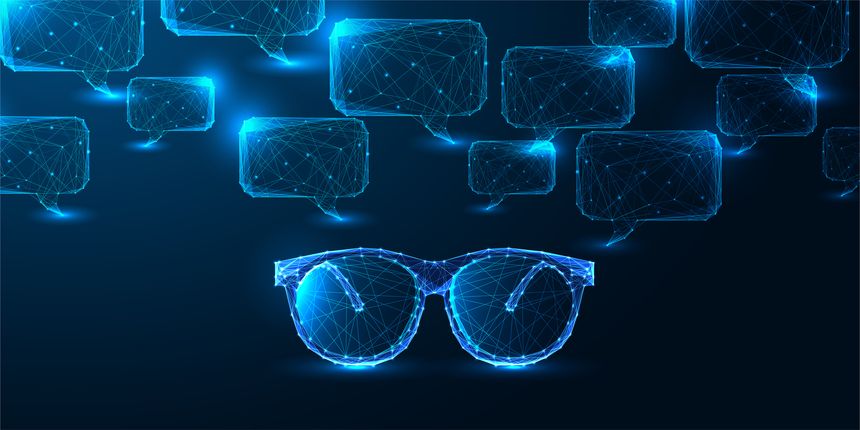 Augmented reality and smart vision concept with glowing polygonal glasses and digital communication speech bubbles on dark blue background. AI and tech futuristic style. Abstract vector illustration.