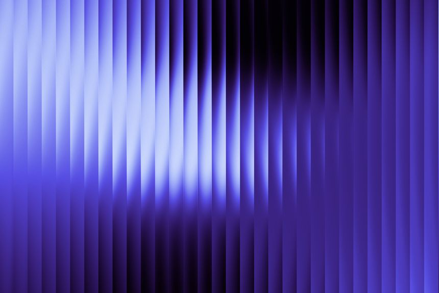 Vertical stripes in a gradient from white to light lavender and deep purple. The pattern appears layered with a silky, glass-like texture, creating a sense of depth and smoothness. The colors blend seamlessly, resembling a soft neon glow.