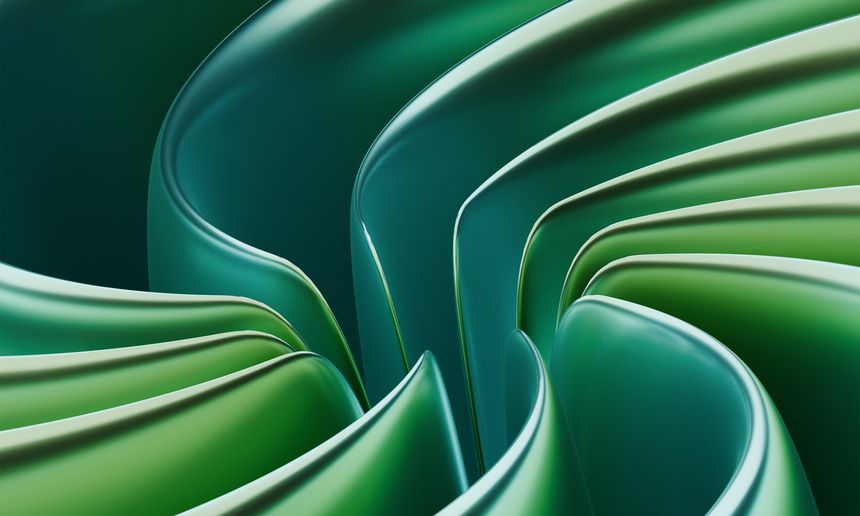 Dynamic green gradient curves with metallic texture, creating a sense of motion and depth in this contemporary 3D abstract piece.