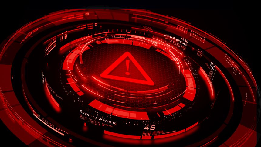 Red futuristic warning alert interface with an exclamation mark symbol on a digital HUD display, representing cyber threats, system failures, data breaches, and critical security risks. 3d Rendering