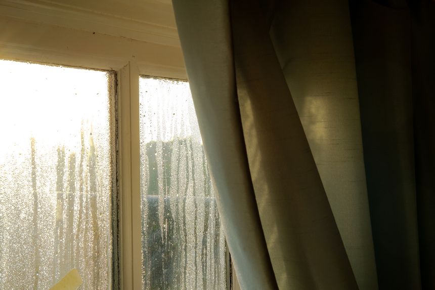 A curtain is seen drawn back in the room, with the morning sun rising above the distant horizon.