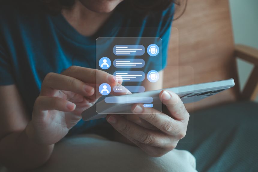 AI Chatbot conversation assistant. Woman using online customer service with chat bot to get support. AI automatic answering machine. Artificial intelligence, customer support center, contact us.