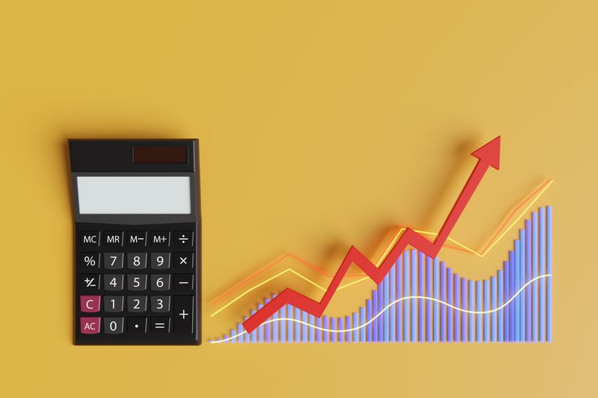 Black calculator, bar chart, line graph and forecasting trend lines on yellow background. Illustration of the concept of business revenue, accounting and sales analysis