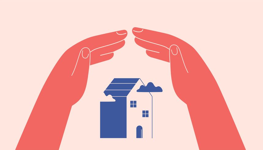Human hands protect small house. Arms Create secure environment for real estate via home roof gesture. Insurance, safety, security for buildings. Vector illustration