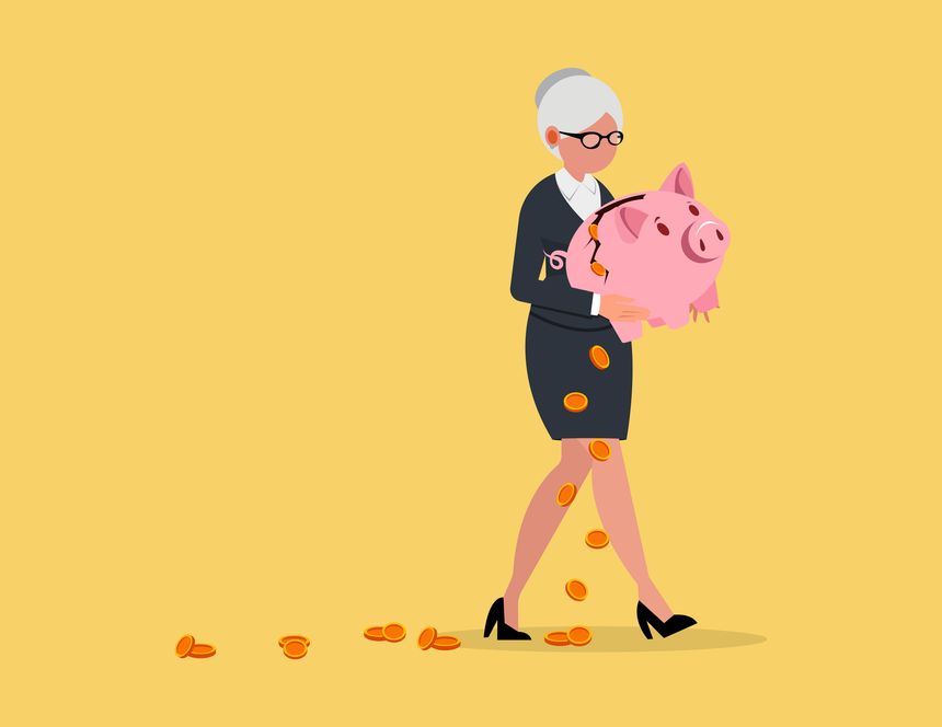 Reflecting financial instability and economic uncertainty. Senior businesswoman walking with a fractured piggy bank
