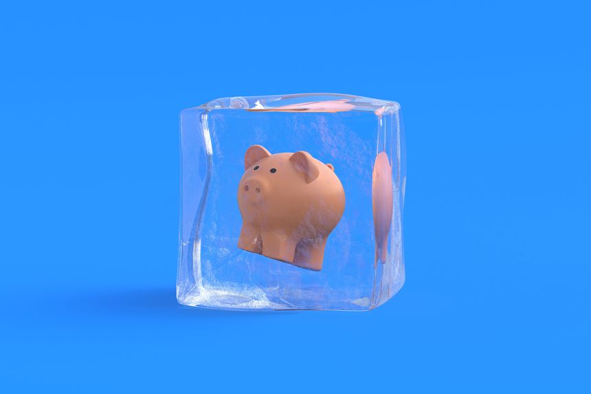 Piggy bank in ice cube. 3d illustration