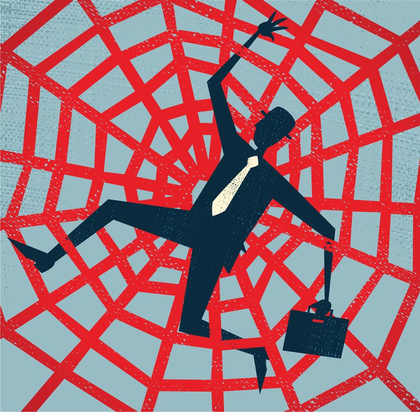 Vector illustration of Retro styled Abstract Businessman caught up in a bureaucratic Spiders Web. Hi-res Jpeg, PNG and PDF files included.