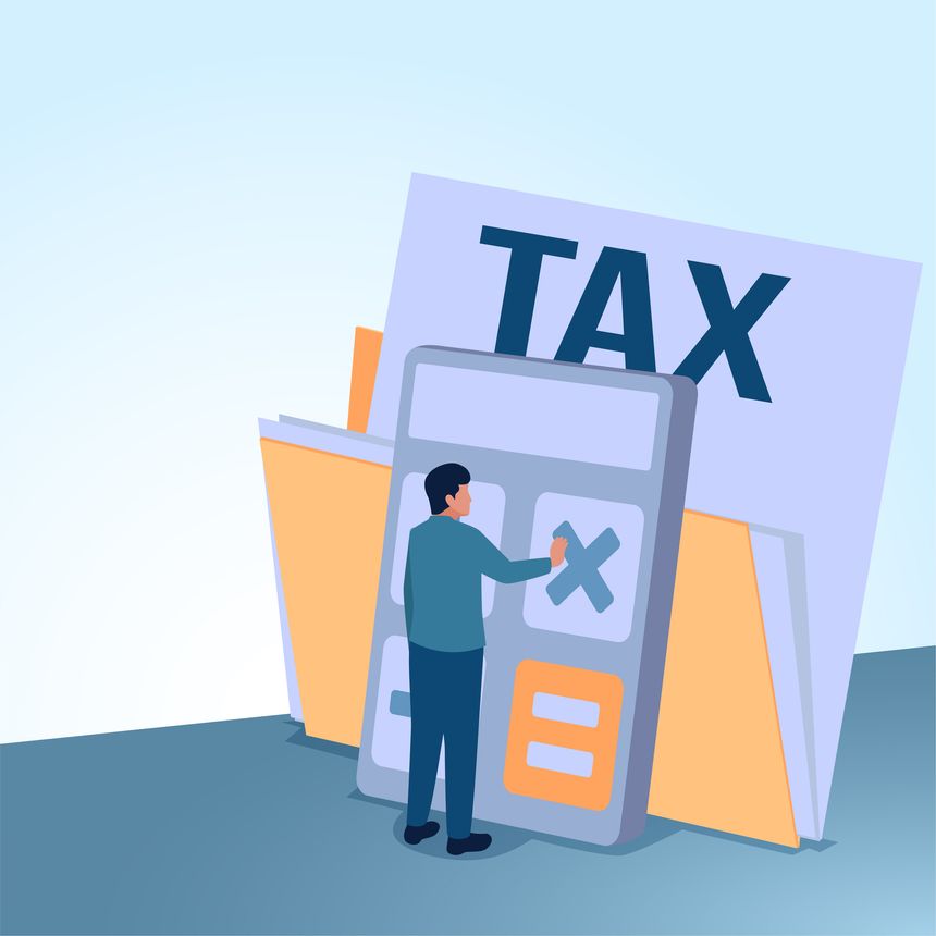 A person pressing a large calculator on a tax report folder, a metaphorical illustration of tax calculations, financial analysis and