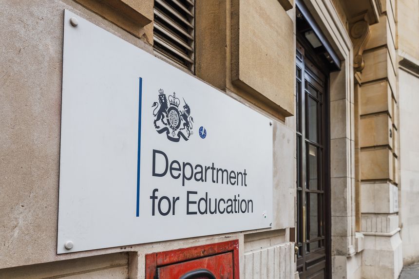 Close up of the Department for Education sign on a government building symbolizing education authority. London, UK, 16 March 2024