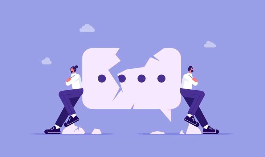Quarrel problems in communication concept, two business people standing on different edges of broken speech bubble and do not talk to each other