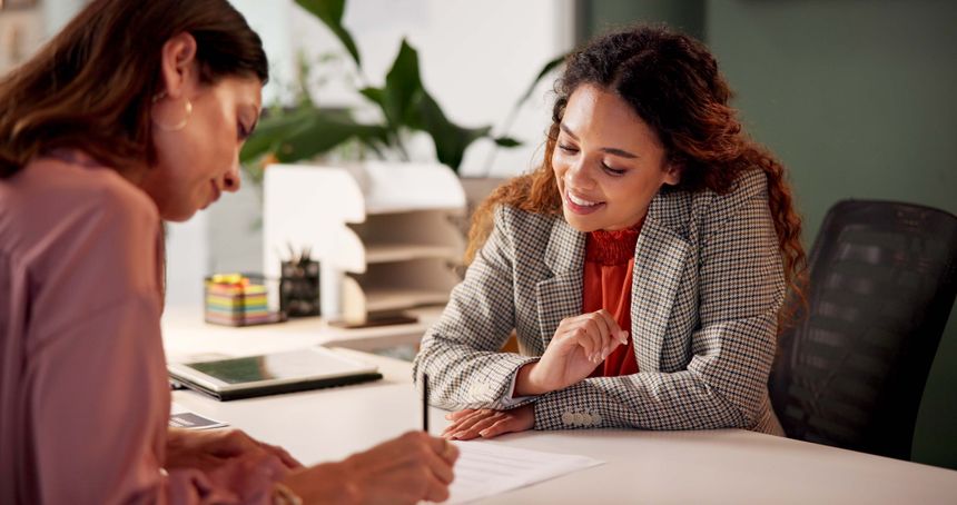 Contract, woman and advisor in office for signature, information or document for job application. Advice, client or human resource agent with paperwork for registration, opportunity or deal agreement