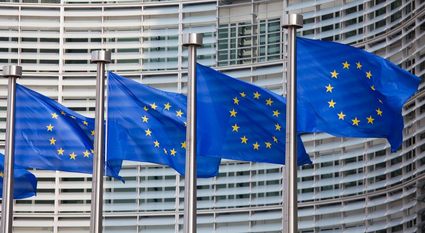 European flags in front of the Berlaymont building, headquarters of the European commission in Brussels.