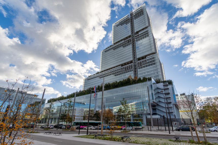 Paris, France - November 25, 2023: Exterior view of the Tribunal Judiciaire de Paris, a courthouse located at the Judicial Campus of Paris in Batignolles, and the largest court in France by caseload