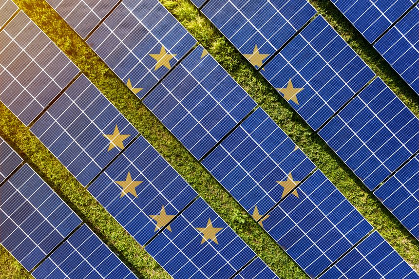Solar farm superimposed with flag of the European Union. Symbolizing solar power and panel demand, renewable energy industry, government policy, and sustainability initiatives in the country.