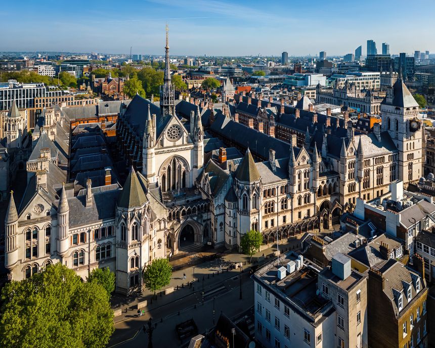 Panoramic drone shot of the Royal Courts of Justice in central London. Ideal for legal, tourism, education, and architecture-related commercial use.