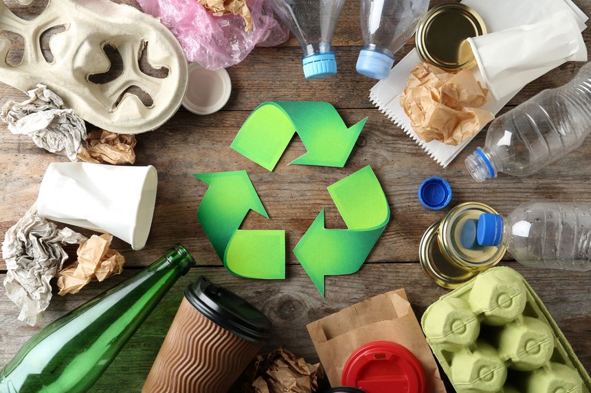 Recycle Symbol with Various Recyclable Waste on Wood Background.