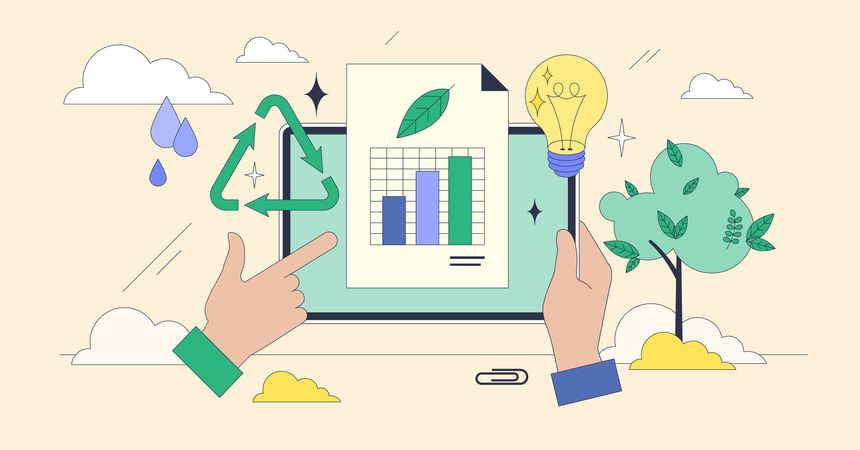 Sustainability reporting and environmental strategy tiny neubrutalism concept. Business planning to reduce CO2 emissions and invest in green, sustainable energy vector illustration. Climate policy.