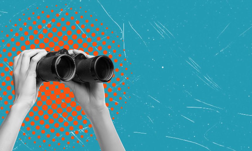 Art collage, hand with binoculars on blue background with space for text. Concept of business promotion or research.