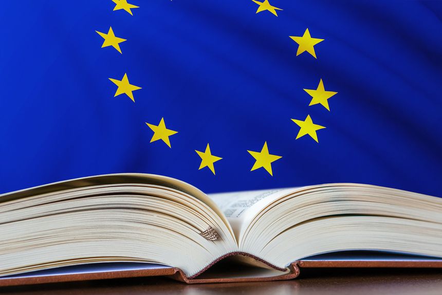 Education in EU. Opened book and national flag on background.