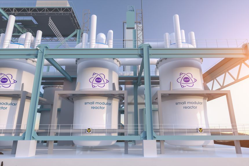 concept of a SMR small modular nuclear reactor power plant on a sunny day. SMR is a future energy concept. 3d rendering.