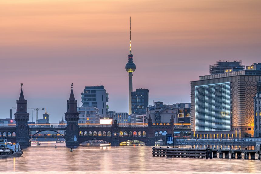 Berlin with the river Spree after sunset with the Oberbaum Bridge and the famous Television Tower