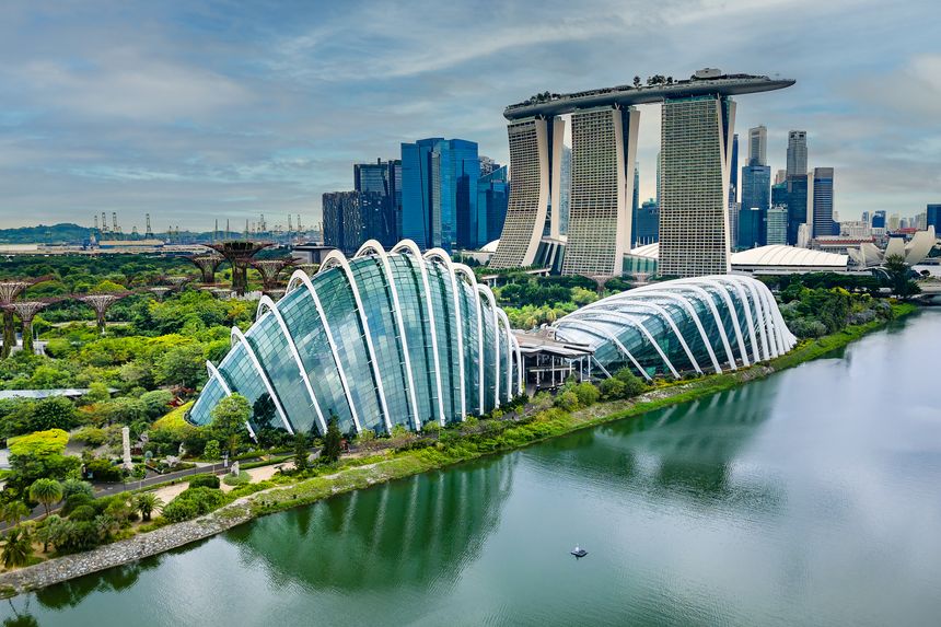 Aerial view of the parks, gardens and modern buildings at the Marina Bay area of the city of Singapore
