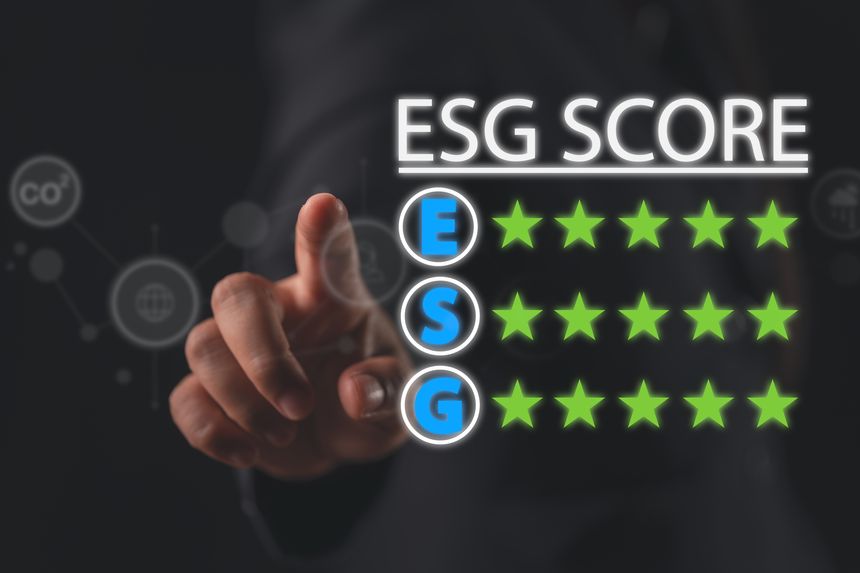 A businessman points at a perfect 5-star ESG score indicator on a holographic interface, highlighting corporate social responsibility, environmental governance, and sustainable business management success