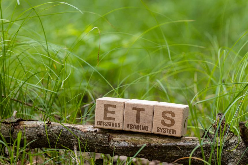 Wooden blocks with ETS Emissions Trading System text placed on a mossy tree branch surrounded by green lush grass, representing carbon credit and environmental ecology concept